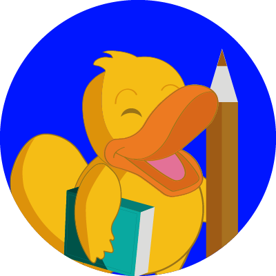 Quack feliz segurando um lápis e um livro